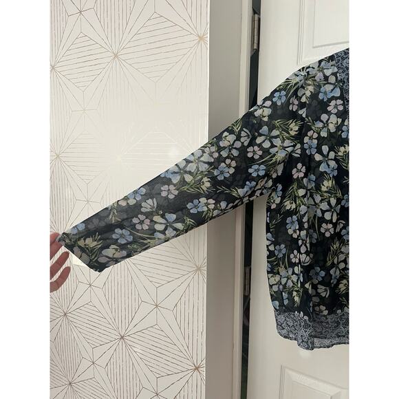 J.Jill Blue Semi Sheer Long Sleeve Floral Boho Blouse Cottagecore sz Large $89 - Picture 5 of 12